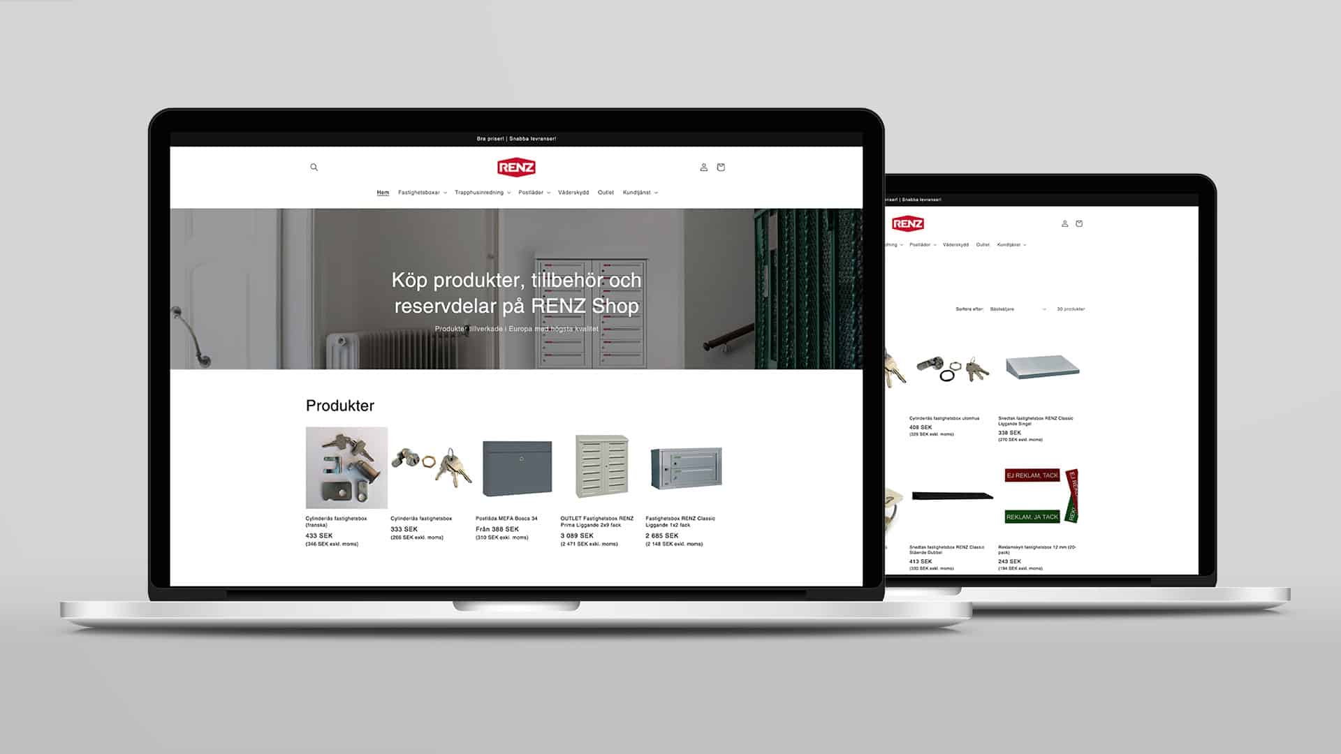renz_arkitekt_mockup Två bärbara datorer som visar renzshop.se på skärmarna.